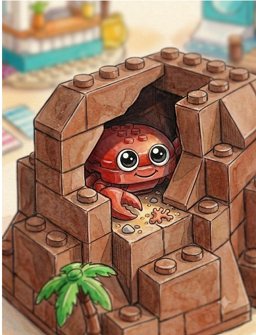 Crabby peeking out of his sandcastle hideaway