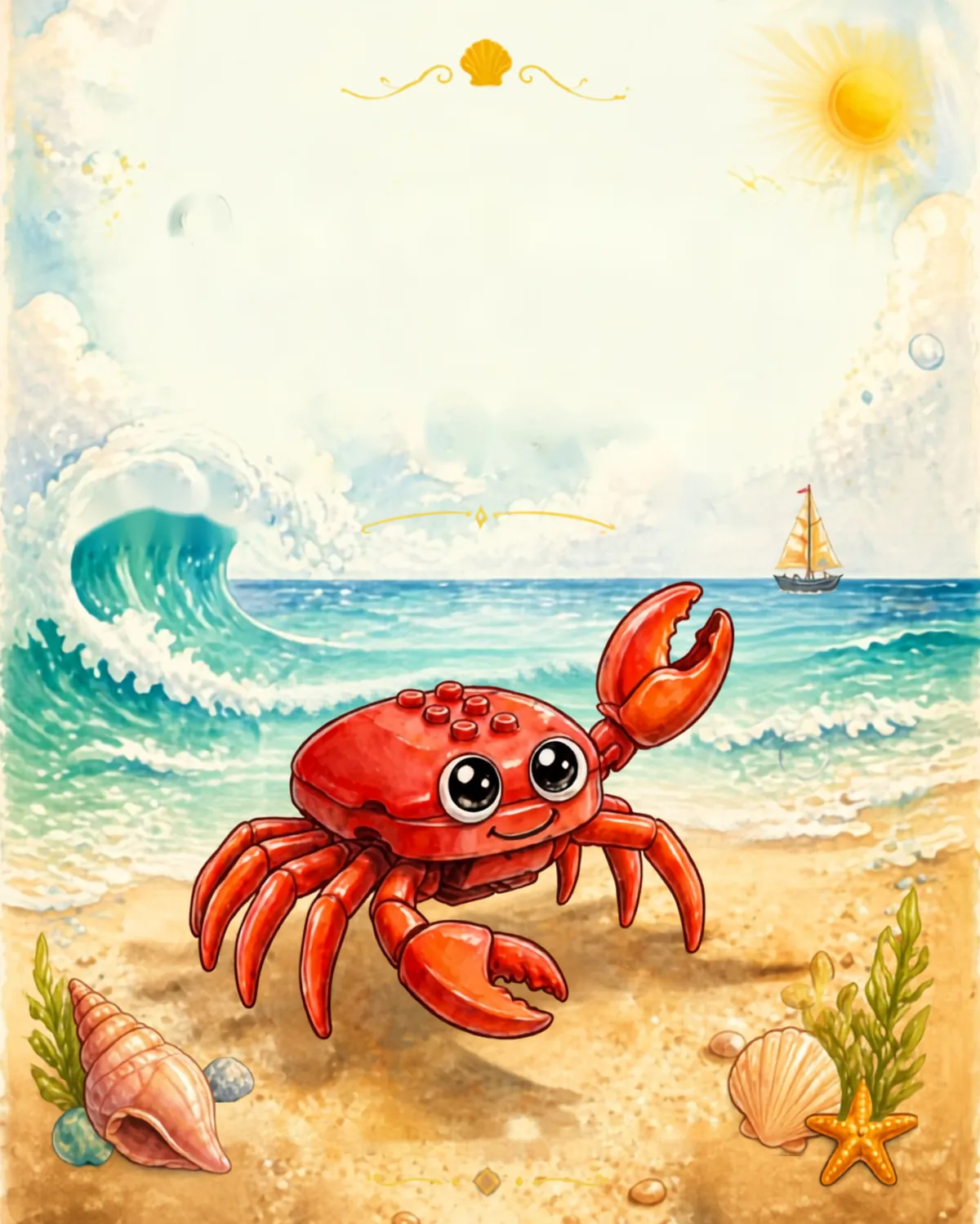 A cheerful red crab on a sunny beach, with a wave curling behind and a sailing boat on the horizon
